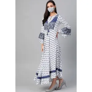 Generic Women's Casual Bell Sleeve Floral Printed Rayon Dress (White & Blue)