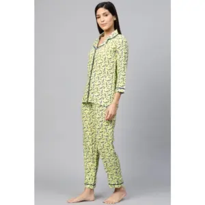 Generic Women's Casual 3/4 Sleeve Floral Printed Rayon Shirt With Pyjama Pant Night Suit Set (Green)