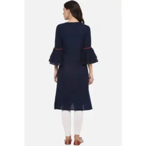 Generic Women's Casual Bell Sleeves Solid Cotton Slub Kurti (Blue)
