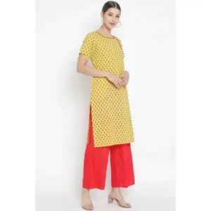 Generic Women's Casual Short Sleeves Floral Printed Cotton & Rayon Kurti Palazzo Set (Yellow & Red)
