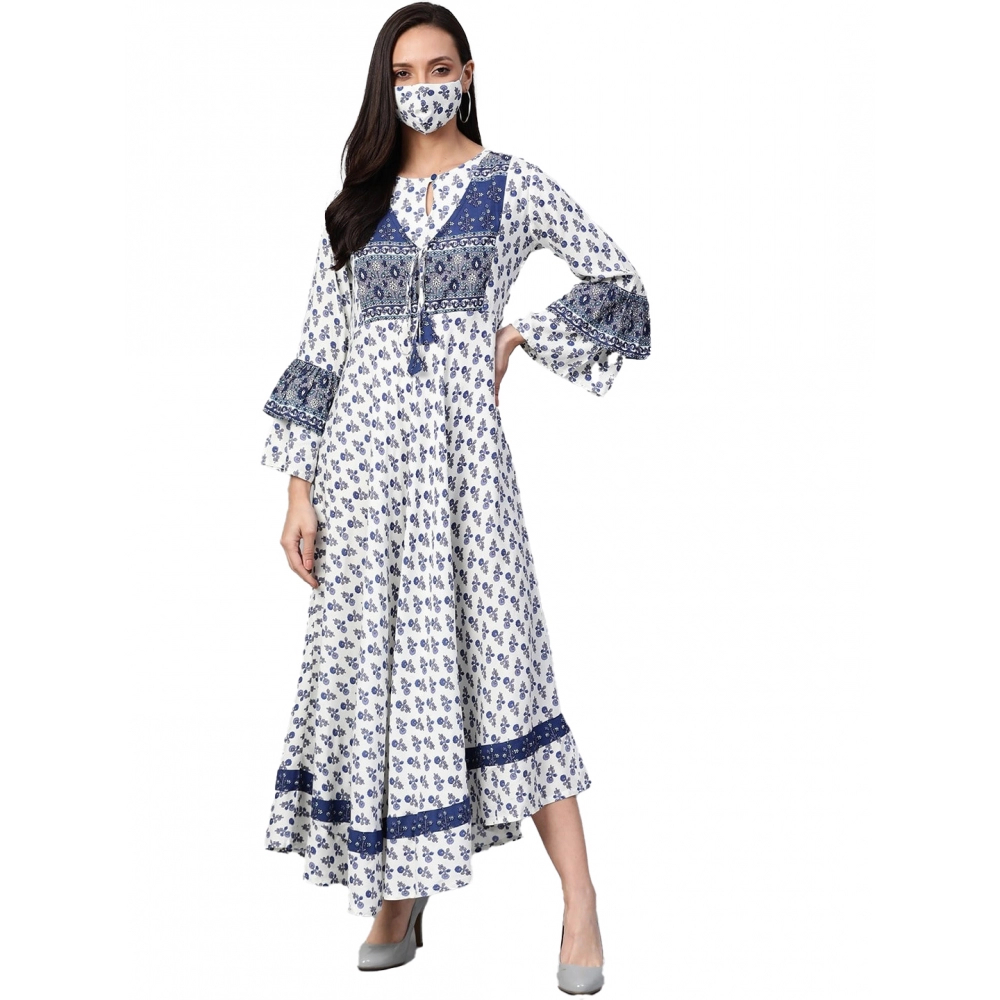 Generic Women's Casual Bell Sleeve Floral Printed Rayon Dress (White & Blue)