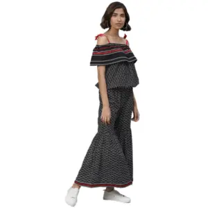 Generic Women's Casual shoulder sleeve Geomatrical Printed Cotton Dress (Black)