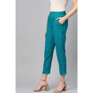 Generic Women's Casual Solid Cotton Slub Trouser Pant (Rama Blue)