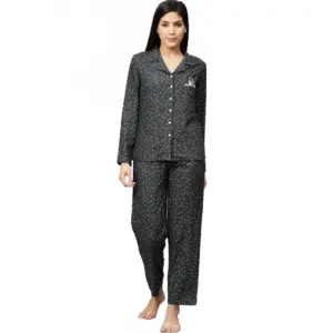 Generic Women's Casual Full Sleeves Polka Dot Printed Rayon Shirt With Pyjama Pant Night Suit Set (Grey)