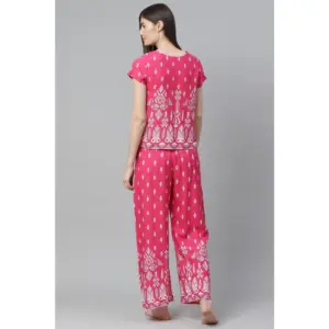 Generic Women's Casual Short Sleeve Printed Rayon Pajama Set (Pink)