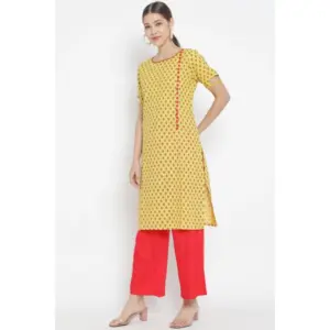 Generic Women's Casual Short Sleeves Floral Printed Cotton & Rayon Kurti Palazzo Set (Yellow & Red)
