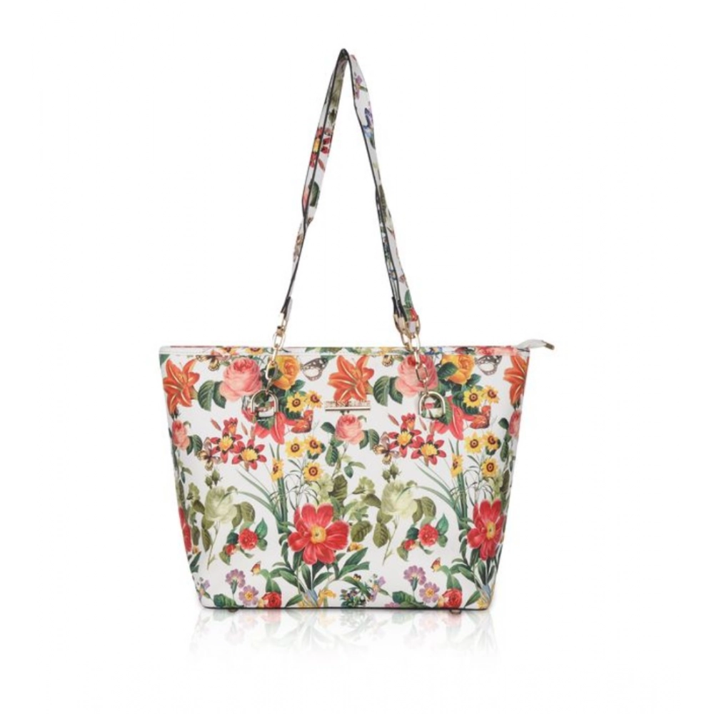 Women's Faux Leather Printed Tote Bag (White Orange)