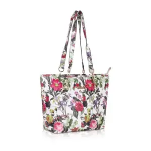 Women's Faux Leather Printed Tote Bag (White Pink)