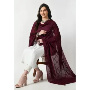 Generic Women's Chanderi Self Design Dupatta (Wine, Length: Free Size)