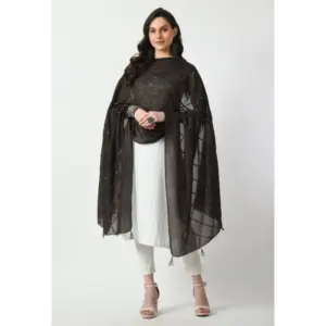 Generic Women's Chanderi Self Design Dupatta (Dark Browm, Length: Free Size)
