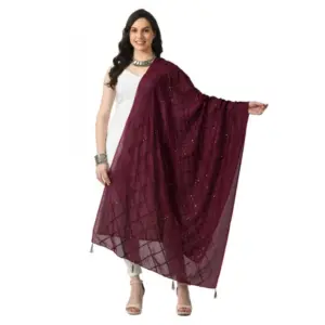Generic Women's Chanderi Self Design Dupatta (Wine, Length: Free Size)