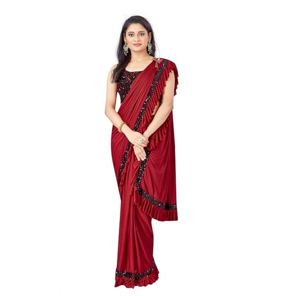 Women's Lycra Solid Saree with Blouse – Red