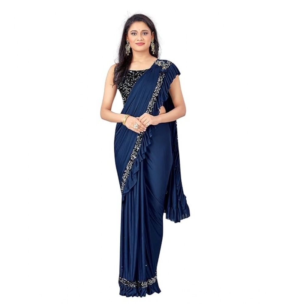 Women's Lycra Solid Saree with Blouse – Nay Blue