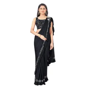 Women's Lycra Solid Saree with Blouse – Black