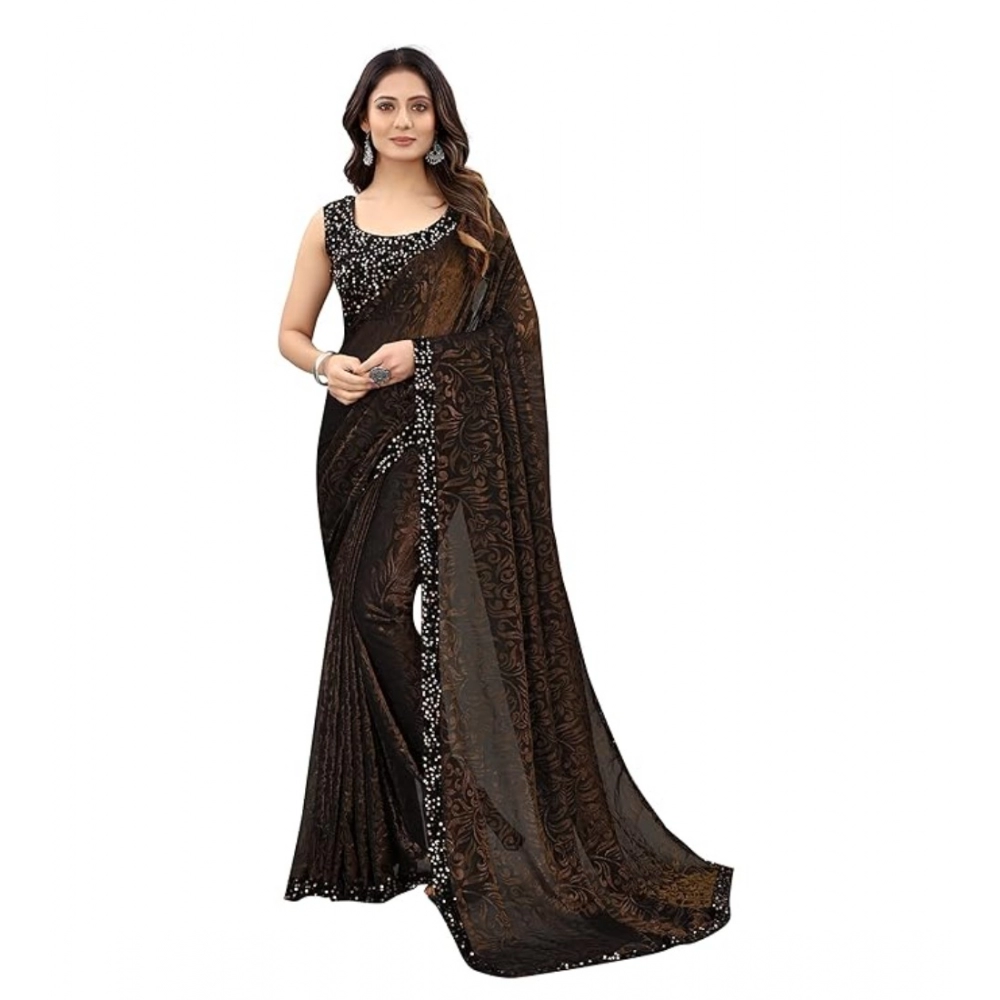 Women's Lycra Floral Saree with Blouse – Brown
