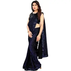 Women's Lycra Floral Saree with Blouse – Blue