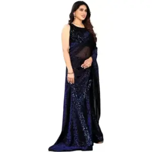 Women's Lycra Floral Saree with Blouse – Blue