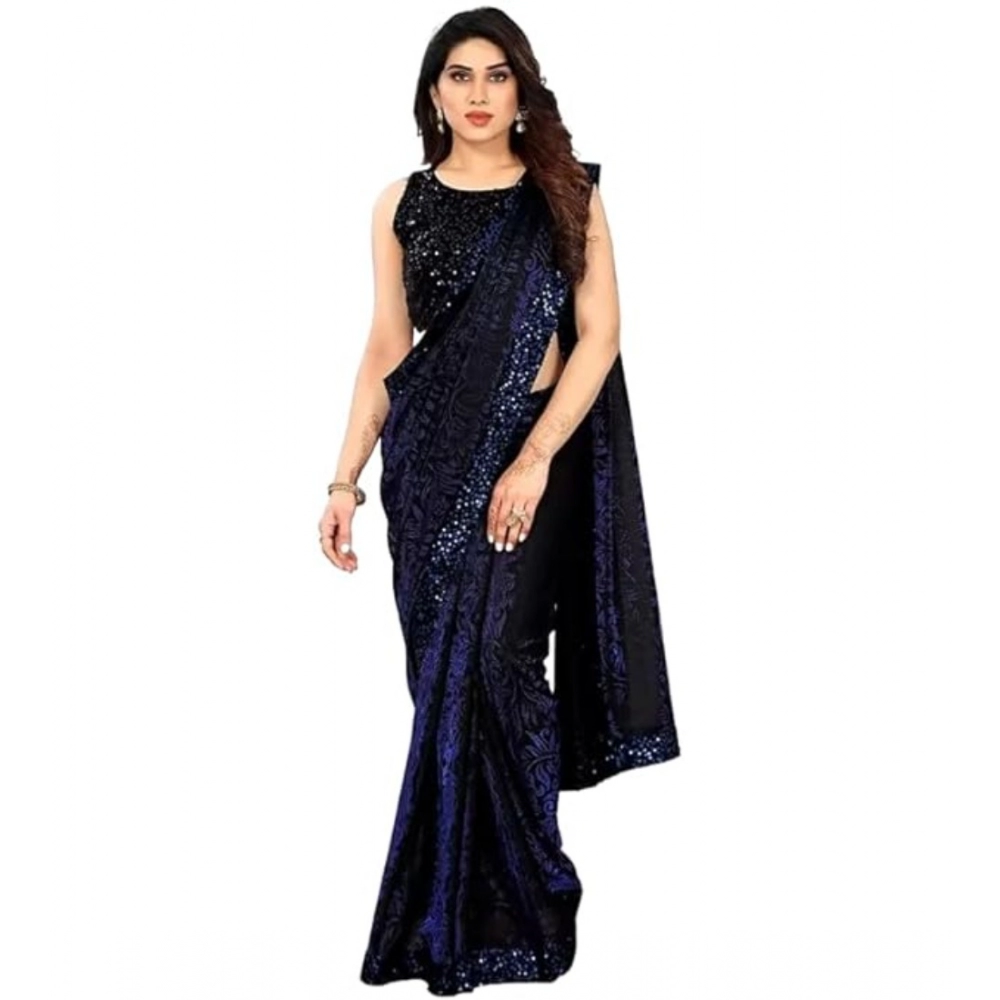 Women's Lycra Floral Saree with Blouse – Blue