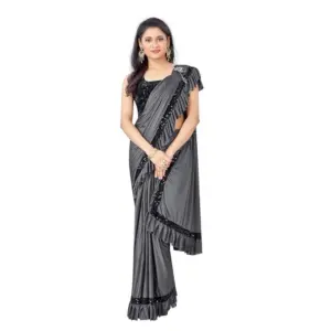 Women's Lycra Solid Saree with Blouse – Grey