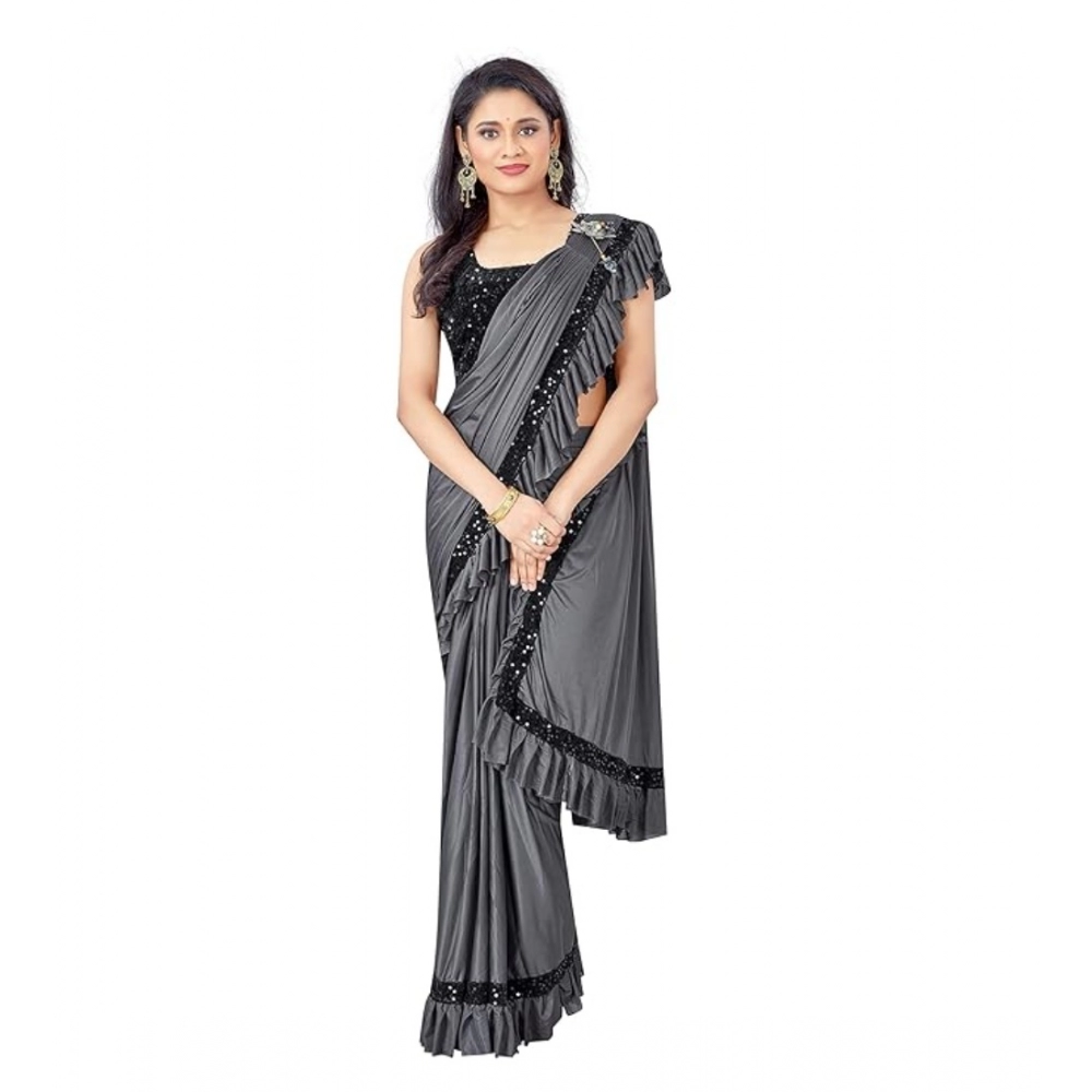 Women's Lycra Solid Saree with Blouse – Grey