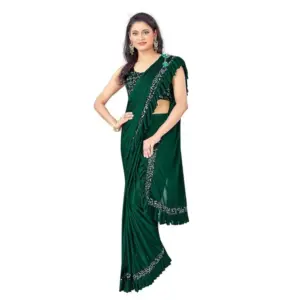 Women's Lycra Solid Saree with Blouse – Green