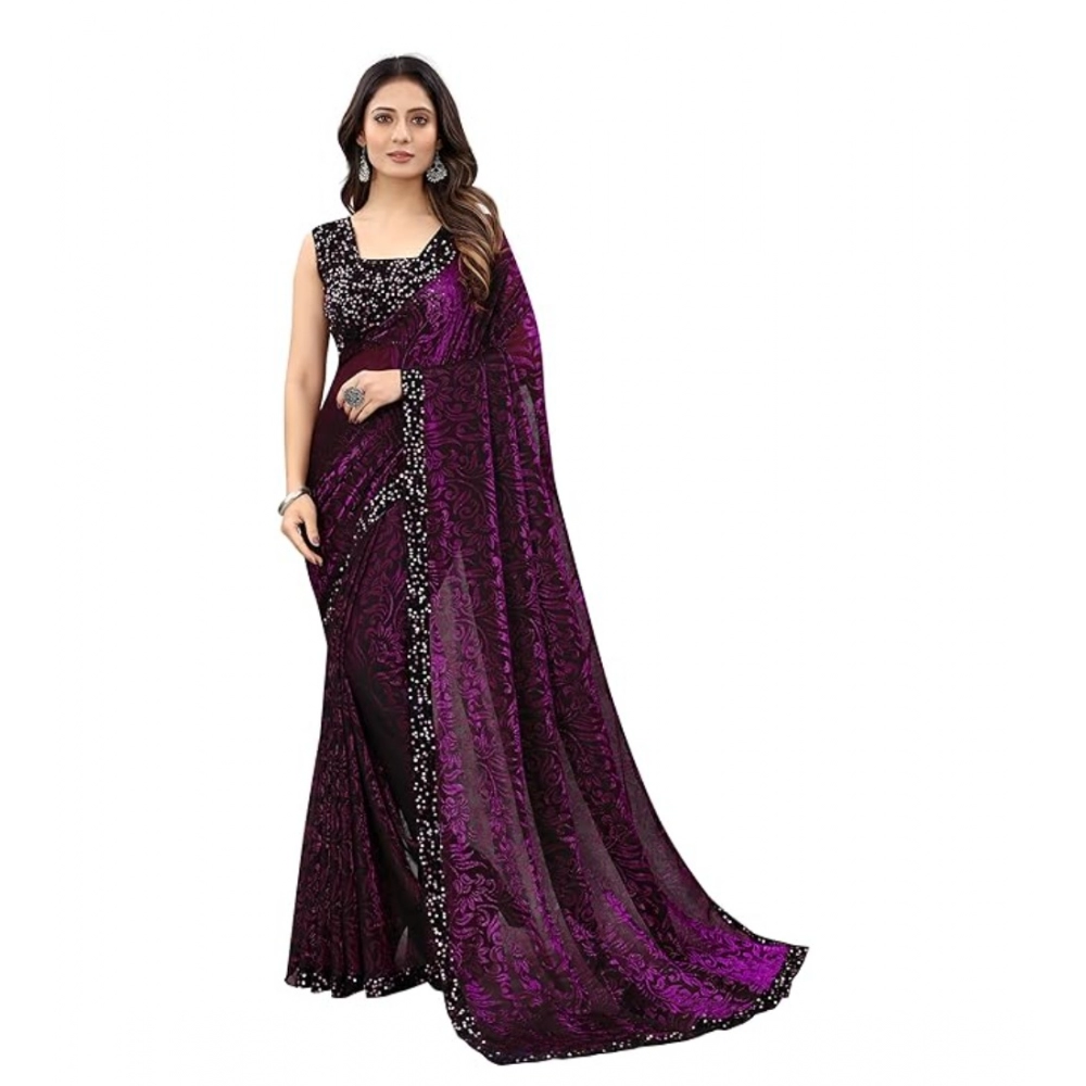 Women's Lycra Floral Saree with Blouse – Wine