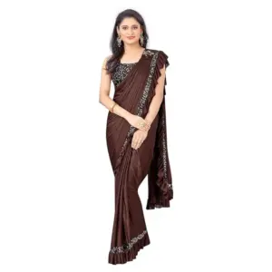 Women's Lycra Solid Saree with Blouse – Brown