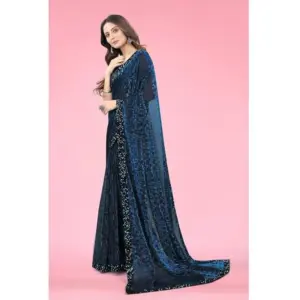 Women's Lycra Floral Saree with Blouse – Blue