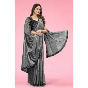 Women's Lycra Floral Saree with Blouse – Grey