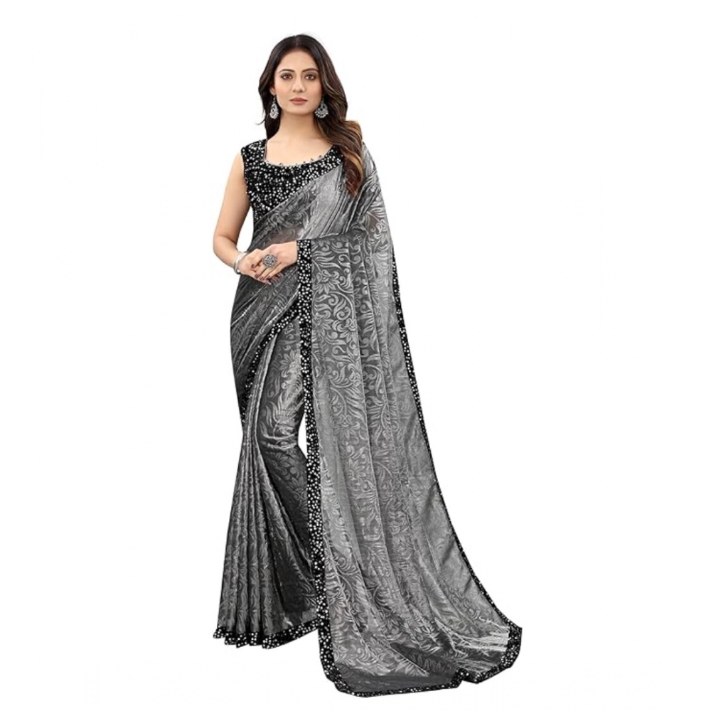 Women's Lycra Floral Saree with Blouse – Grey
