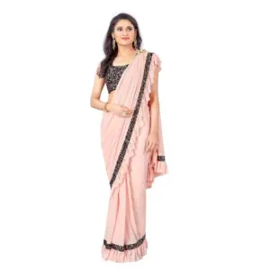 Women's Lycra Solid Saree with Blouse – Peach