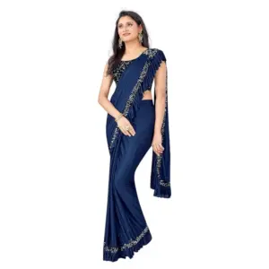 Women's Lycra Solid Saree with Blouse – Nay Blue