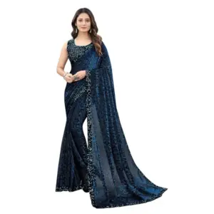 Women's Lycra Floral Saree with Blouse – Blue