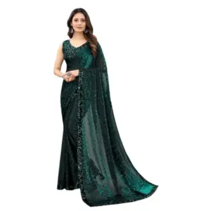 Women's Lycra Floral Saree with Blouse – Green