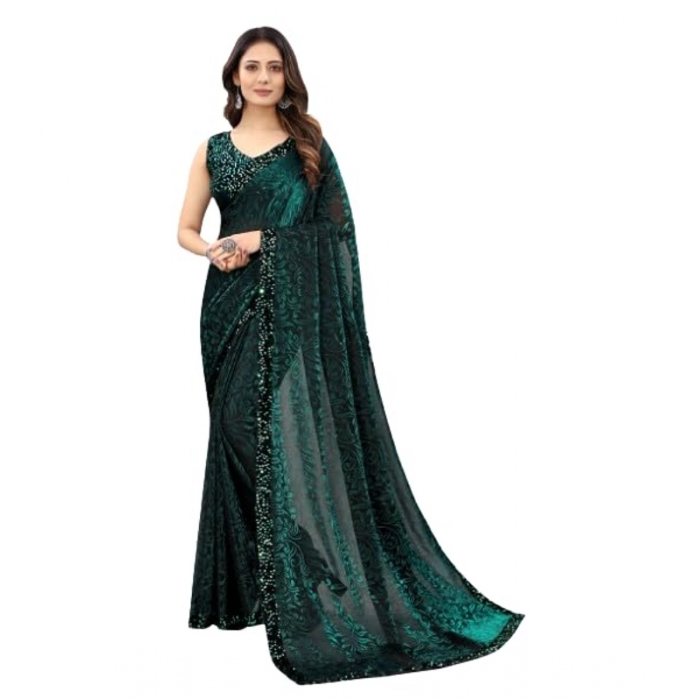 Women's Lycra Floral Saree with Blouse – Green