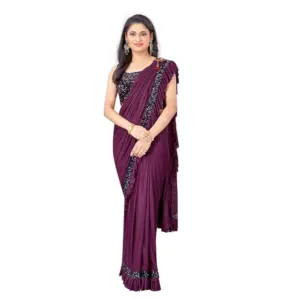 Women's Lycra Solid Saree with Blouse – Wine