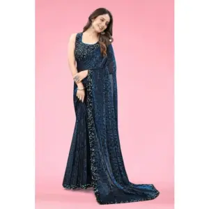 Women's Lycra Floral Saree with Blouse – Blue