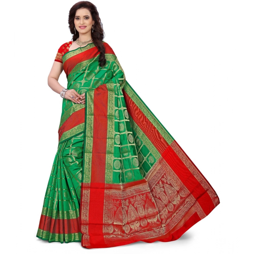 Women's Jacquard Woven Saree with Blouse – Green