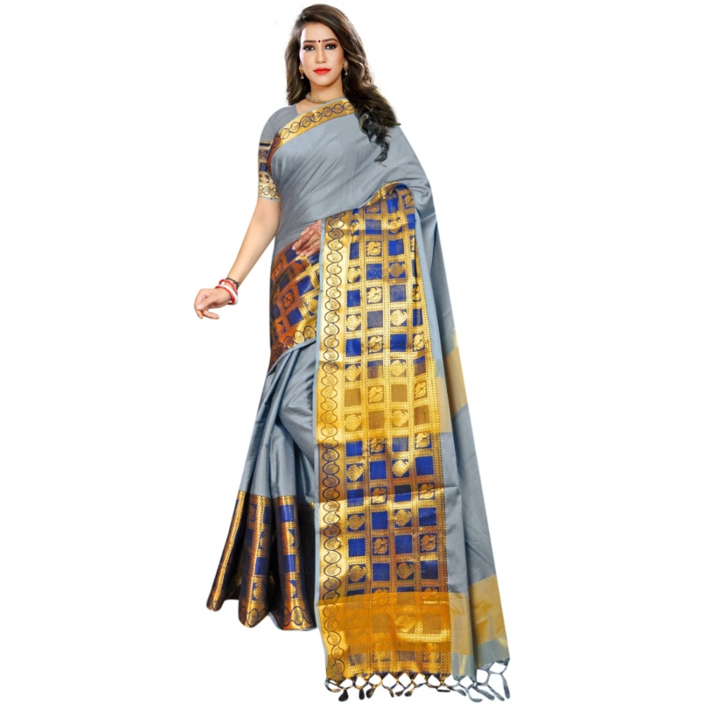 Women's Jacquard Woven Saree with Blouse – Light Blue