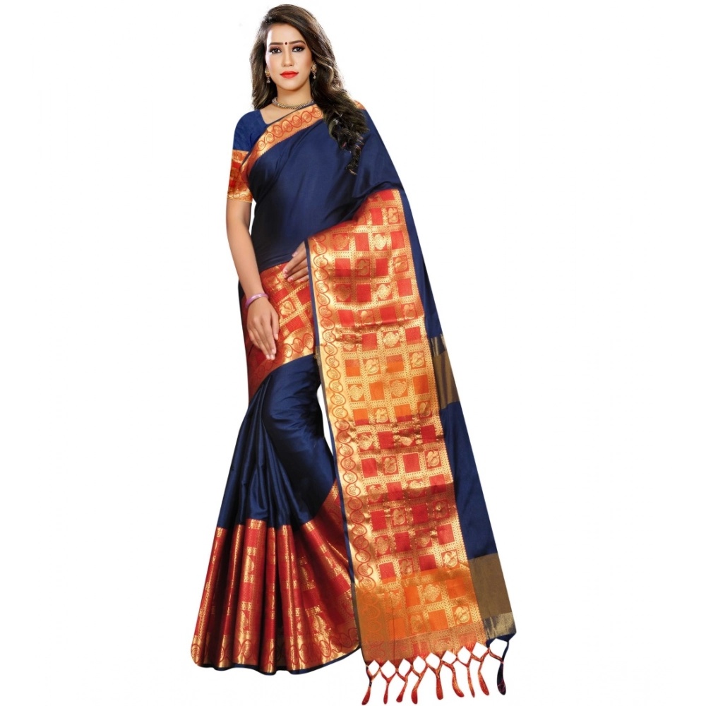 Women's Jacquard Woven Saree with Blouse – Blue