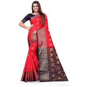 Women's Silk Blend Woven Saree with Blouse – Red