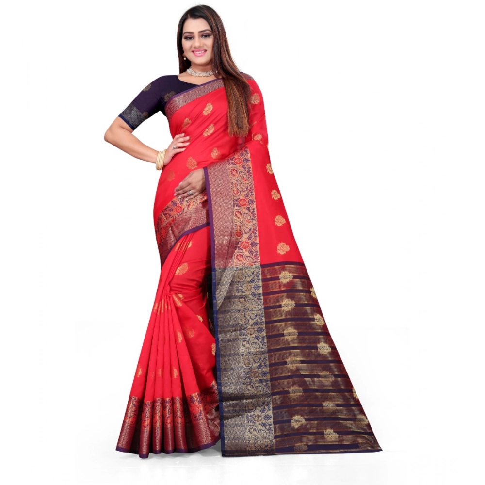 Women's Silk Blend Woven Saree with Blouse – Red