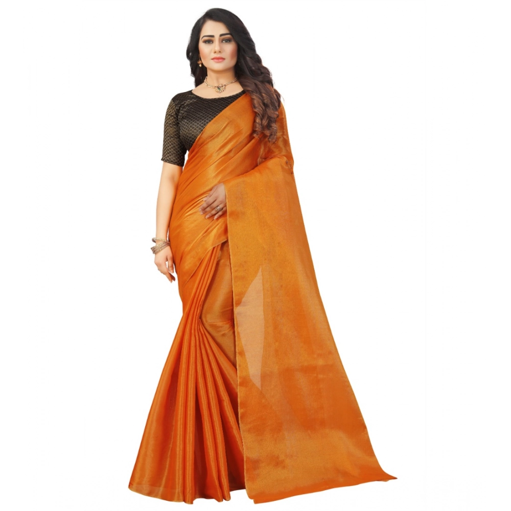 Women's Cotton Silk Self Design Saree with Blouse – Orange