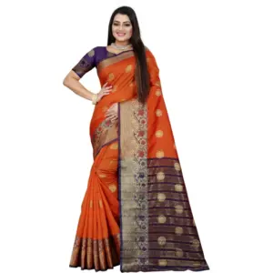 Women's Silk Blend Woven Saree with Blouse – Blue-Orange