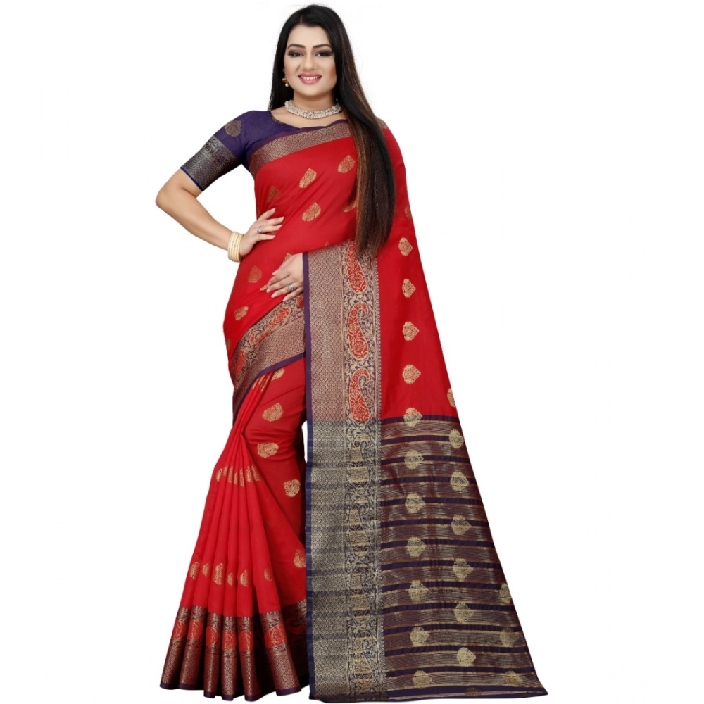 Women's Silk Blend Woven Saree with Blouse – Purple-Red