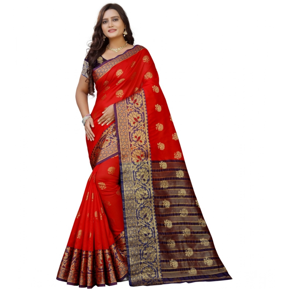 Women's Silk Blend Woven Saree with Blouse – Purple-Red