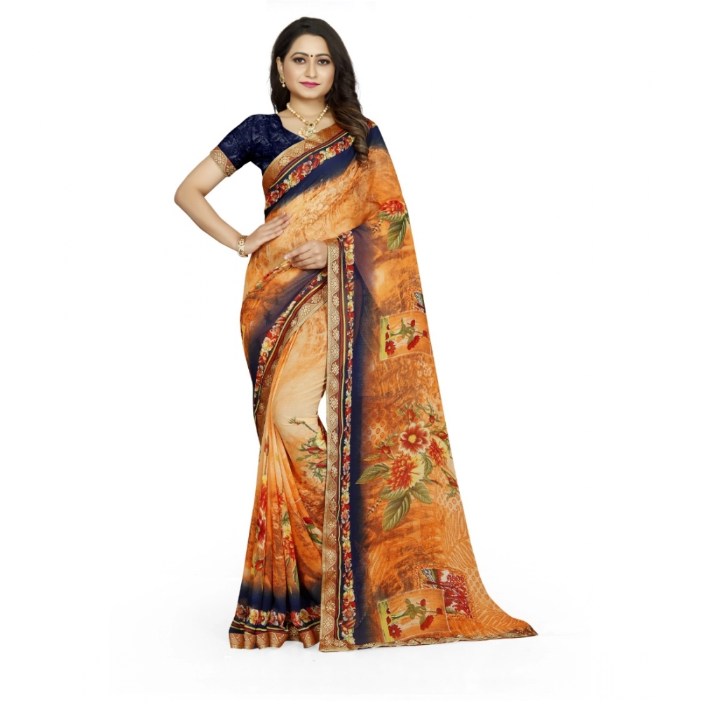 Women's Georgette Floral Print Saree with Blouse – Blue-Orange