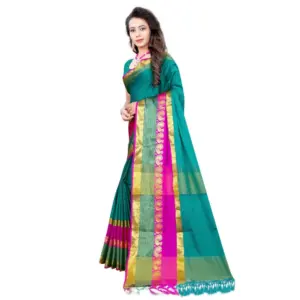 Women's Jacquard Woven Saree with Blouse – Dark Green
