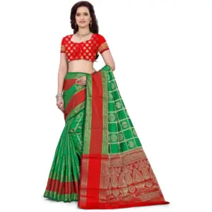 Women's Jacquard Woven Saree with Blouse – Green