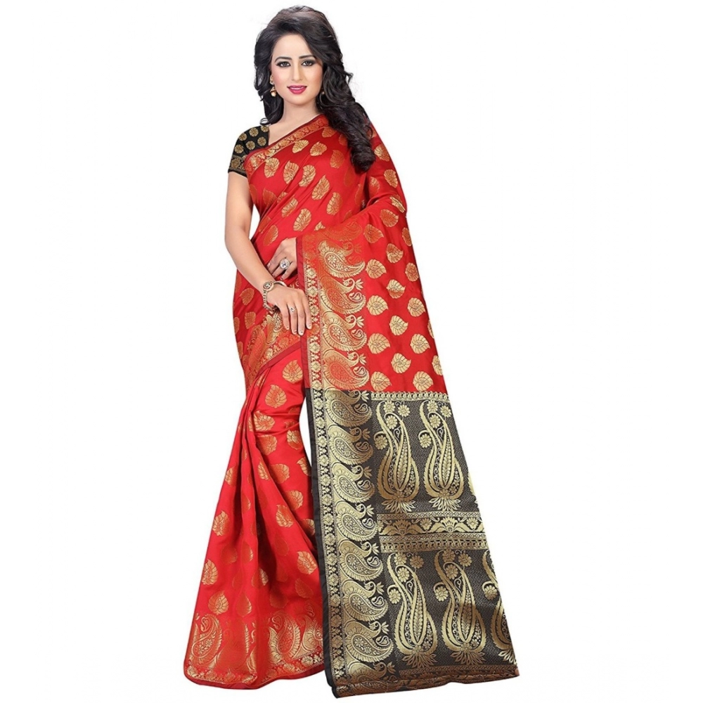 Women's Jacquard Woven Saree with Blouse – Red